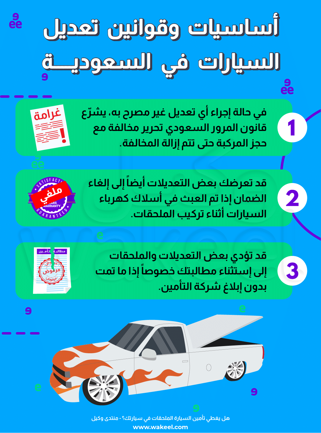 إنفوجرافيك يقدم نصائح أساسية لعشاق السيارات المهتمين بالتعديلات ضمن لوائح المملكة العربية السعودية.