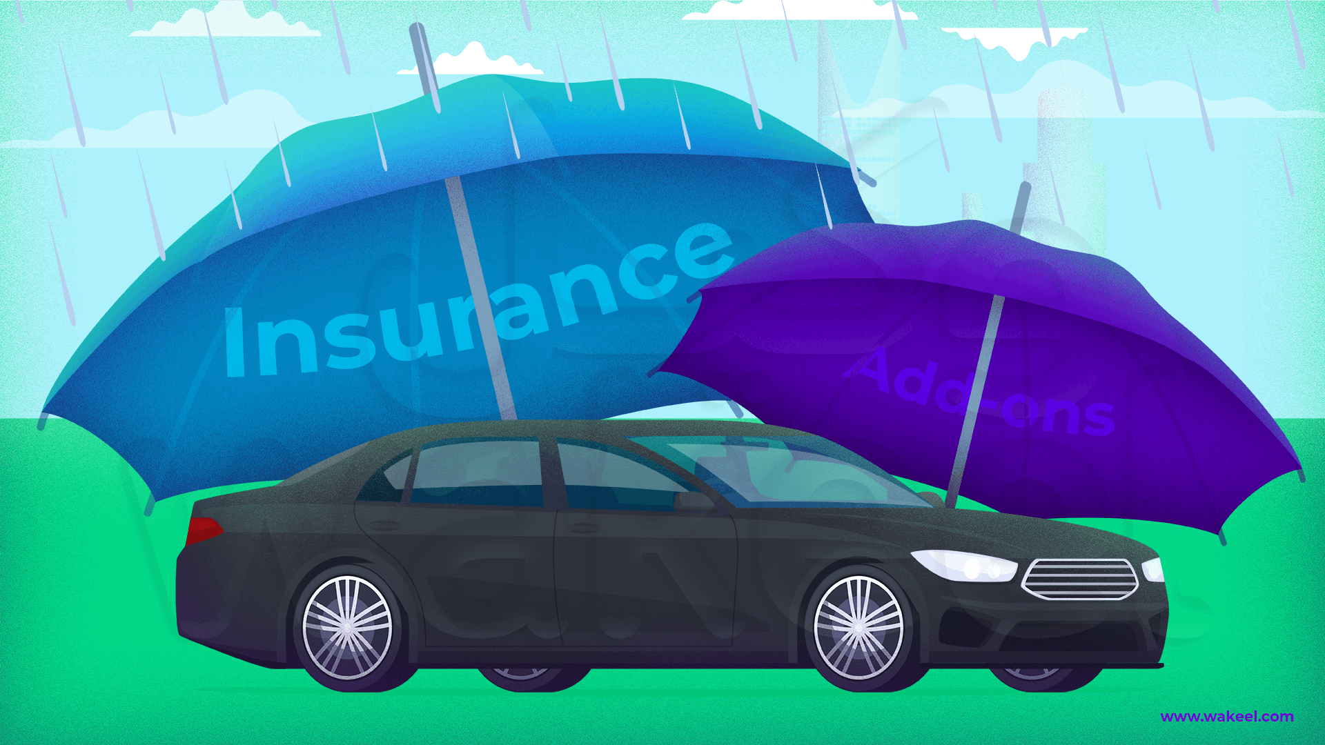 a car parked beneath an insurance umbrella, symbolizing comprehensive coverage and protection on the road.