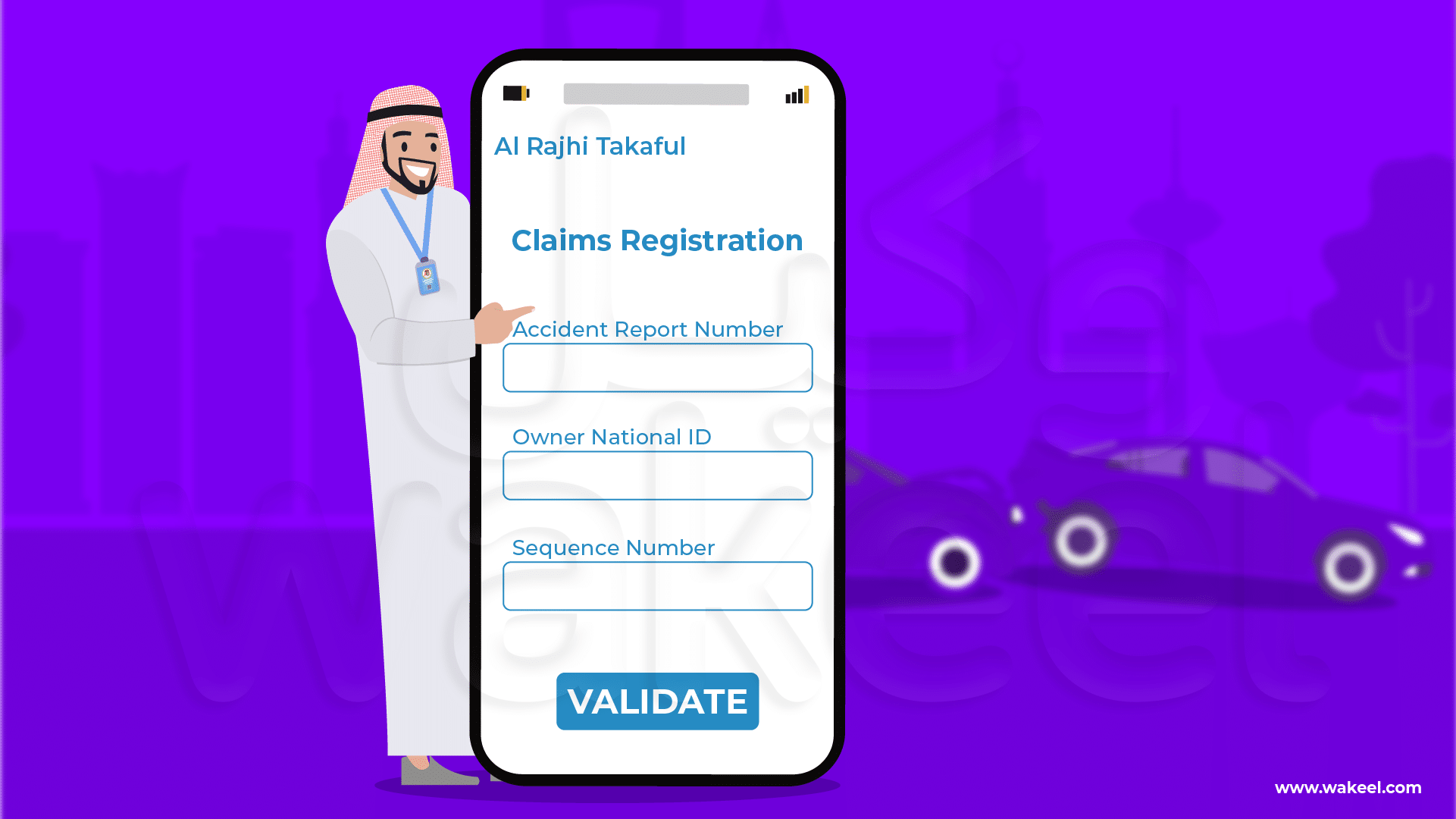 A man with a friendly smile stands next an iPhone. The screen displays the Takaful Al Rajhi online claim filing process. This image depicts an accident between two cars in the background