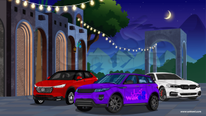 image depicts a night scene on a city street lined with buildings. Three colorful cars are parked in a row in front of a building with large windows. The first car in the lineup is a purple car, the second car is a silver Range Rover Evoque, and the third car is a red hatchback. The image is adorned with several Ramadan elements, like a picture of a brightly lit mosque at night with the crescent moon gracing the sky.