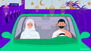 Two Muslims, dressed in the simple white garments of Ihram, travel by rental car towards the holy city of Mecca. Their faces hold a mix of anticipation and serenity as they embark on the spiritual journey of Umrah during the blessed month of Ramadan. This pilgrimage, undertaken during a time of heightened devotion, promises a powerful and rewarding experience.