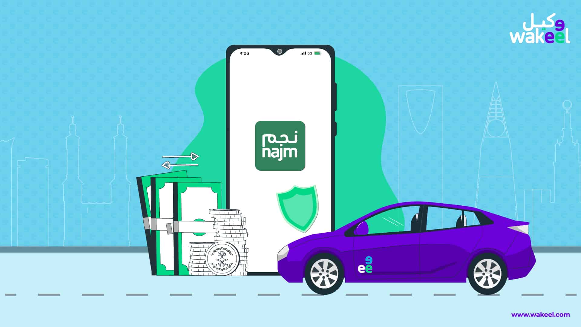 A purple car is parked next to a mobile phone displaying the "Najm" app interface, with money and coins stacked beside it, against a light green and blue background with building outlines.