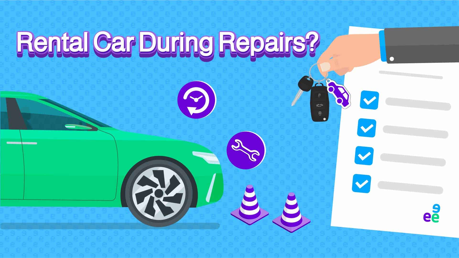 This image illustrates the key components of a rental car service offered by car insurance companies in Saudi Arabia. A vibrant green car takes center stage, symbolizing the courtesy car itself. To its left, a hand holds a car key and a document with checkmarks, representing the agreement and vehicle handover process. Floating icons surround the car: a wrench for maintenance, a clock for the temporary nature of the service, an umbrella for protection (linking to insurance), and traffic cones for roadside assistance. The background features a subtle pattern of smaller cars and a road, reinforcing the automotive theme. This visual encapsulates the convenience and temporary support provided by a courtesy car while a customer's car is being repaired.