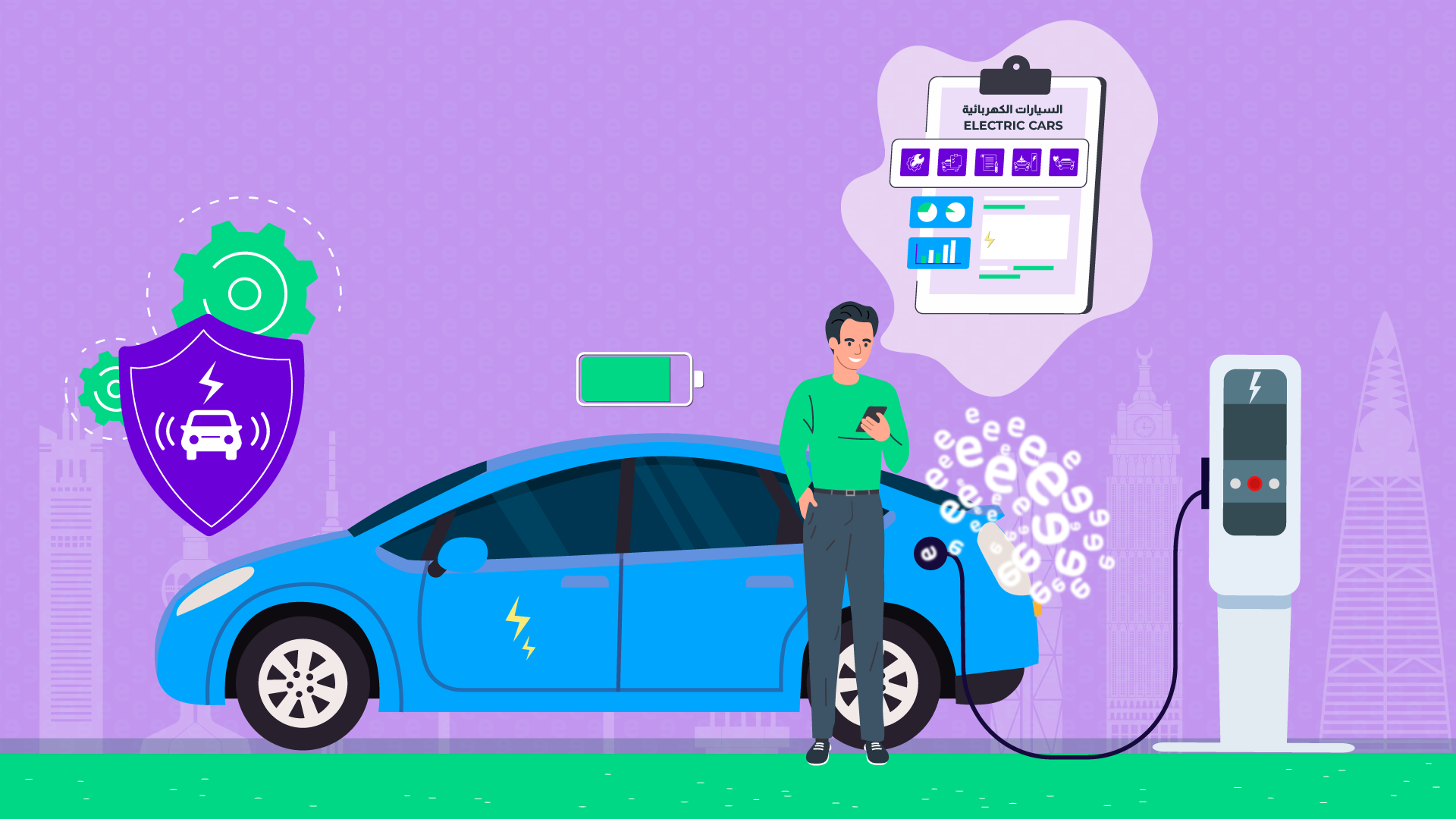 This image portrays the availability of electric vehicle infrastructure in Saudi Arabia, with a bright blue electric car charging at a public station and a man using his smartphone. However, the image also subtly addresses the hesitations people have towards EVs. The checklist labeled 'السيارات الكهربائية' (Electric Cars) highlights their features, but the overall composition suggests a need for more convincing. The shield icon implies security, but the central focus on the charging process may also remind viewers of potential range anxiety and charging time concerns. This image serves as a visual representation of the current state of EV adoption in Saudi Arabia, where infrastructure is present, but widespread acceptance is still a work in progress.