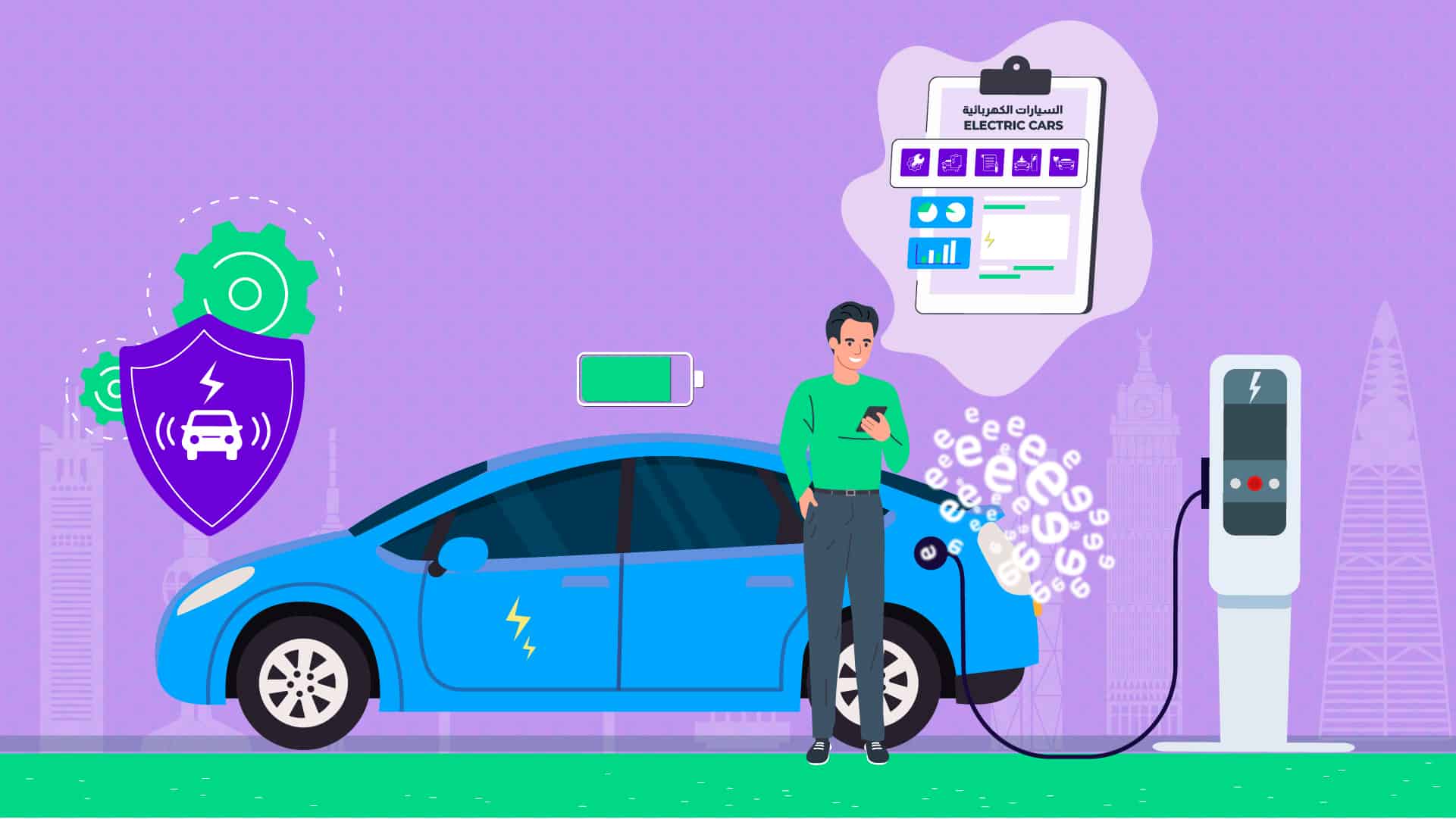 This image portrays the availability of electric vehicle infrastructure in Saudi Arabia, with a bright blue electric car charging at a public station and a man using his smartphone. However, the image also subtly addresses the hesitations people have towards EVs. The checklist labeled 'السيارات الكهربائية' (Electric Cars) highlights their features, but the overall composition suggests a need for more convincing. The shield icon implies security, but the central focus on the charging process may also remind viewers of potential range anxiety and charging time concerns. This image serves as a visual representation of the current state of EV adoption in Saudi Arabia, where infrastructure is present, but widespread acceptance is still a work in progress.