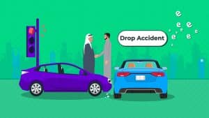 This illustration depicts a scenario where two drivers in Saudi Arabia are opting to settle a minor car accident privately, indicated by their handshake and the word "Drop" for "waiver" or "settlement." The image highlights the importance of understanding the proper procedures when choosing to resolve an accident without filing an insurance claim. The presence of the traffic light suggests the accident occurred at an intersection. The purple car shows slight damage, while the blue car has visible rear damage, implying a minor collision. This visual aims to introduce a blog post that will guide readers on how to correctly handle private settlements in Saudi Arabia, ensuring all parties are protected and legal requirements are met.