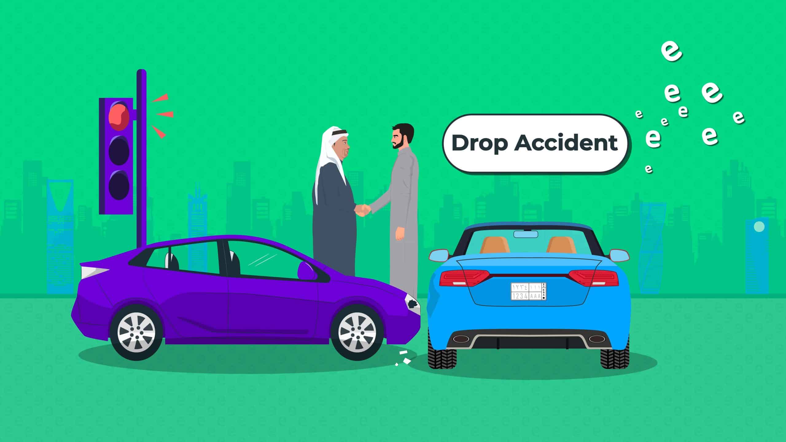 This illustration depicts a scenario where two drivers in Saudi Arabia are opting to settle a minor car accident privately, indicated by their handshake and the word "Drop" for "waiver" or "settlement." The image highlights the importance of understanding the proper procedures when choosing to resolve an accident without filing an insurance claim. The presence of the traffic light suggests the accident occurred at an intersection. The purple car shows slight damage, while the blue car has visible rear damage, implying a minor collision. This visual aims to introduce a blog post that will guide readers on how to correctly handle private settlements in Saudi Arabia, ensuring all parties are protected and legal requirements are met.