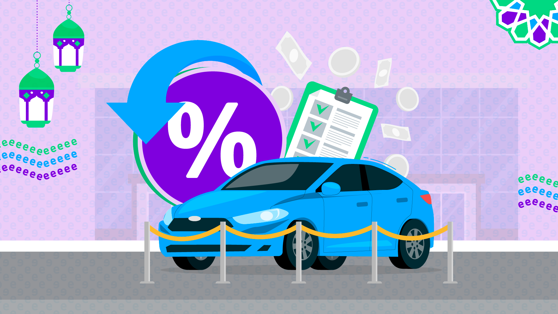 Digital illustration for Ramadan car buying guide. Features a bright blue car in a showroom, a purple percentage symbol with a blue arrow looping around it, a checklist on a clipboard, floating money, hanging Ramadan lanterns, and geometric Islamic patterns. Stylized with flat, geometric shapes and a pastel color palette.