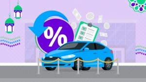 Digital illustration for Ramadan car buying guide. Features a bright blue car in a showroom, a purple percentage symbol with a blue arrow looping around it, a checklist on a clipboard, floating money, hanging Ramadan lanterns, and geometric Islamic patterns. Stylized with flat, geometric shapes and a pastel color palette.